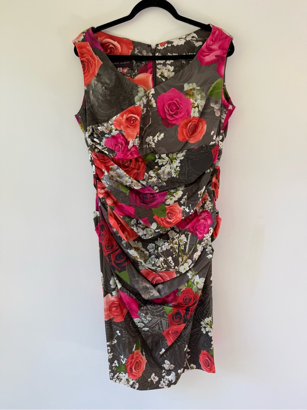 Talbot Runhof Floral Ruched Cocktail Sheath Dress Roses Pink Gray Size 16